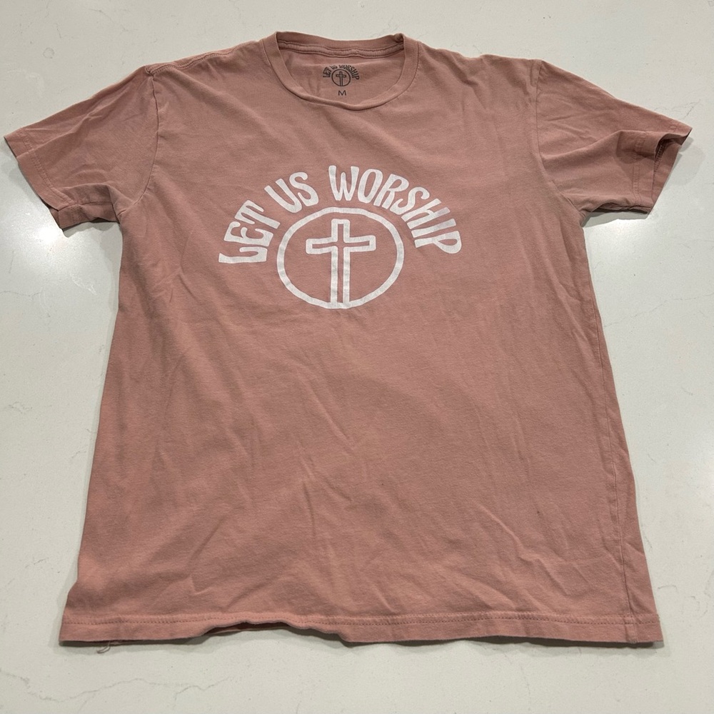 Women’s T Shirt Rose Pink Let Us Worship Christian Cross Jesus Shirt Medium